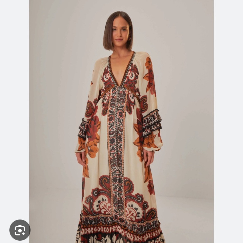 NWT Farm Rio sand winter tapestry long-sleeve v-neck maxi dress L